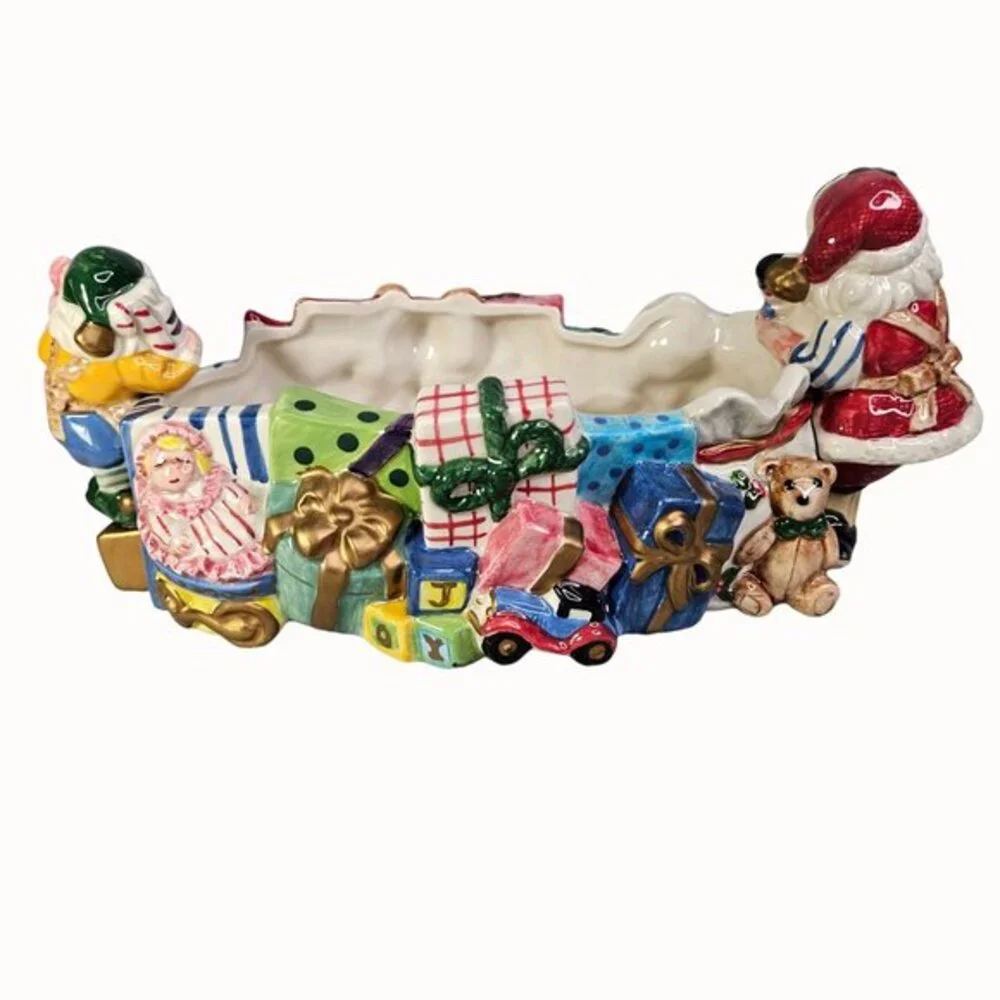 Fitz and Floyd Candy Dish Santa‎ Elf Christmas Ceramic Magic Kingdom Toys READ